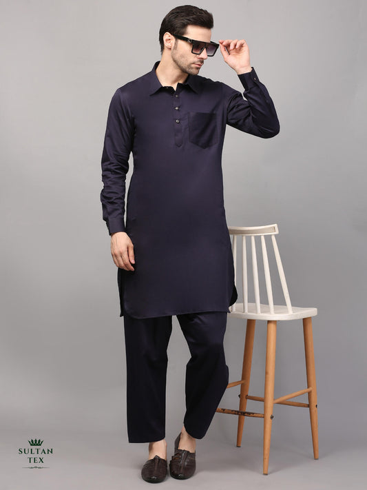 Modern Pathani Kurta Pajama Set - Dark Navy - SU-PTH-001