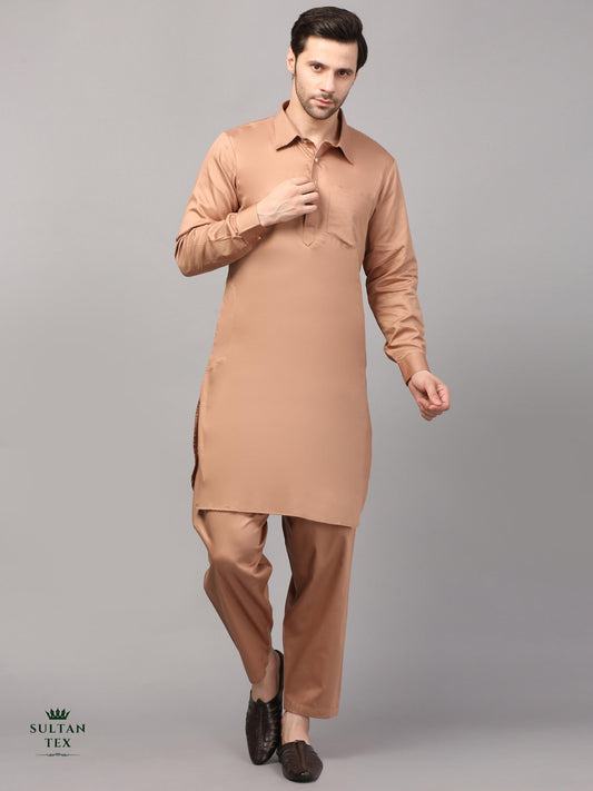 Modern Pathani Kurta Pajama Set - Caramel Brown - SU-PTH-002