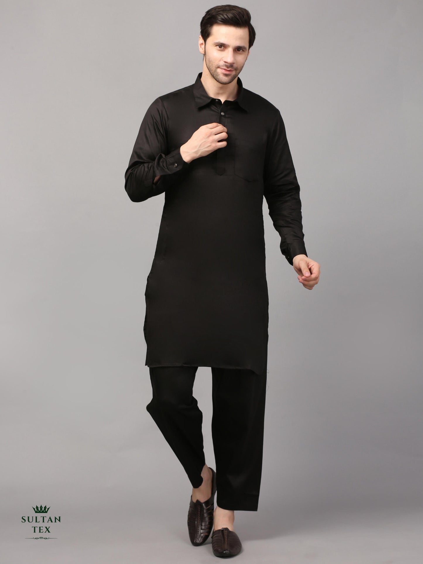 Modern Pathani Kurta Pajama Set - Classic Black - SU-PTH-003
