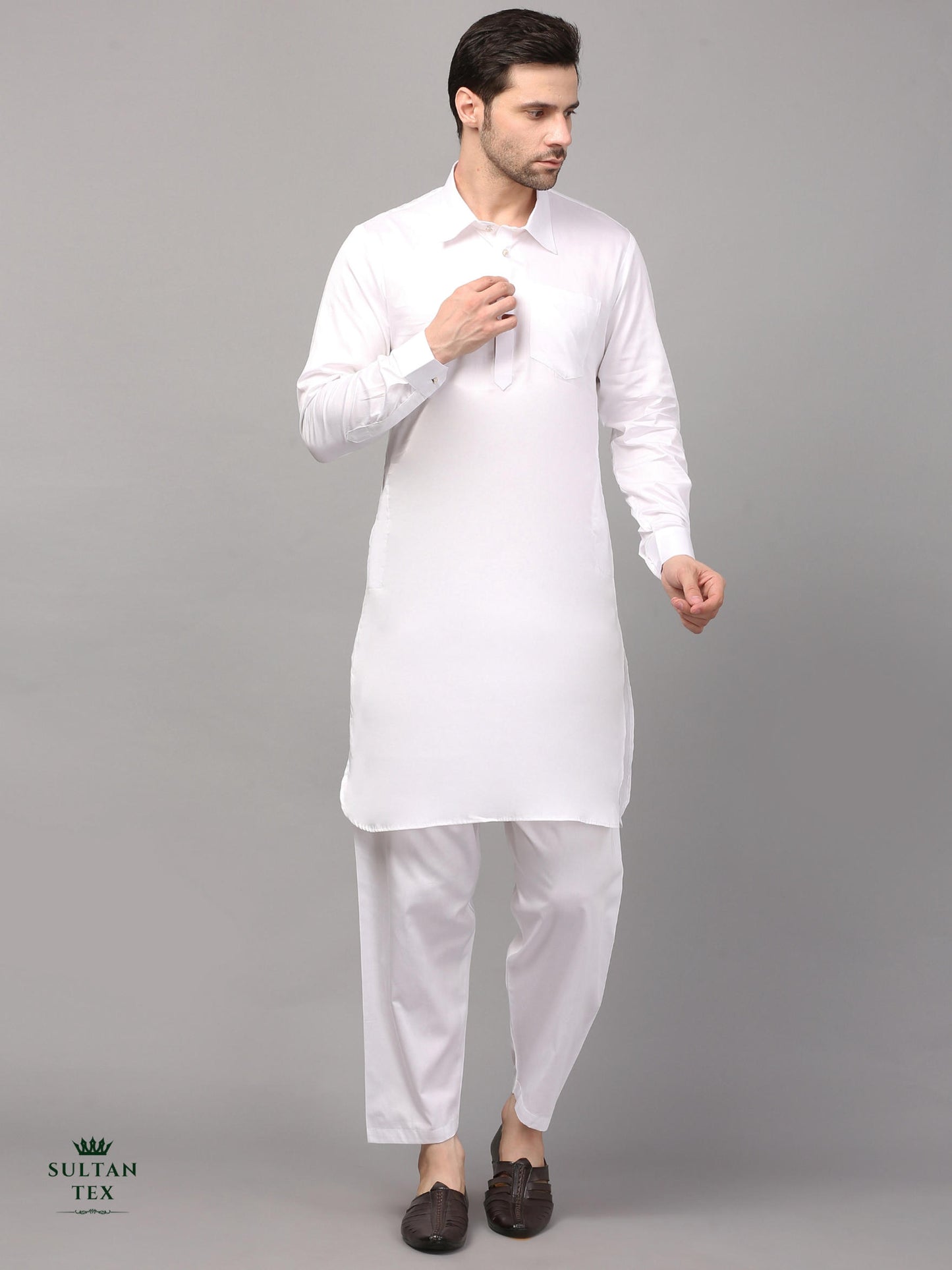 Modern Pathani Kurta Pajama Set - White - SU-PTH-004