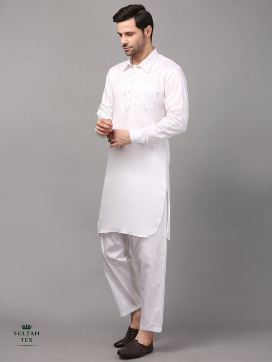 Modern Pathani Kurta Pajama Set - White - SU-PTH-004