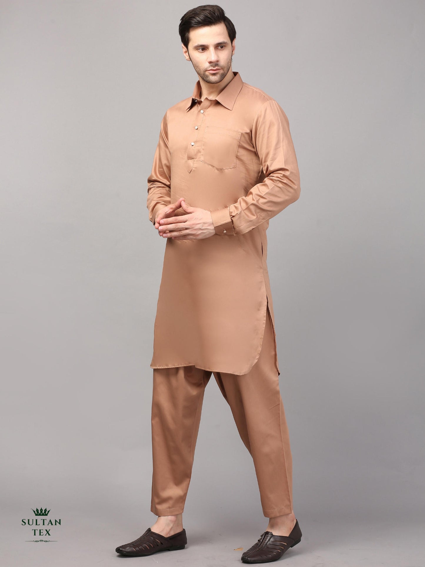 Modern Pathani Kurta Pajama Set - Caramel Brown - SU-PTH-002