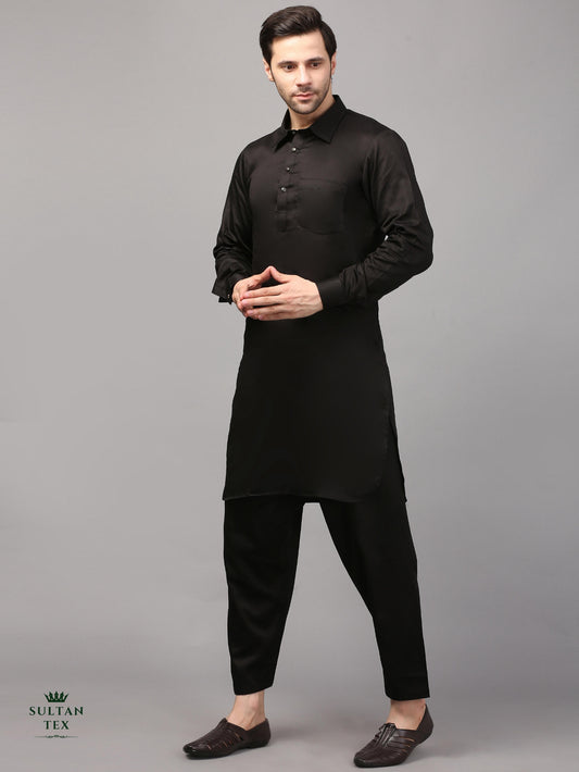 Modern Pathani Kurta Pajama Set - Classic Black - SU-PTH-003