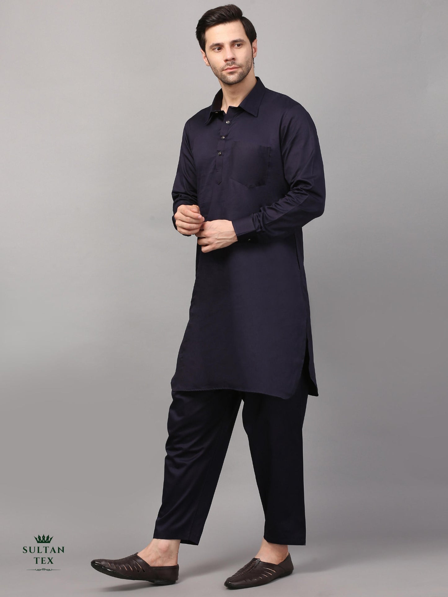 Modern Pathani Kurta Pajama Set - Dark Navy - SU-PTH-001