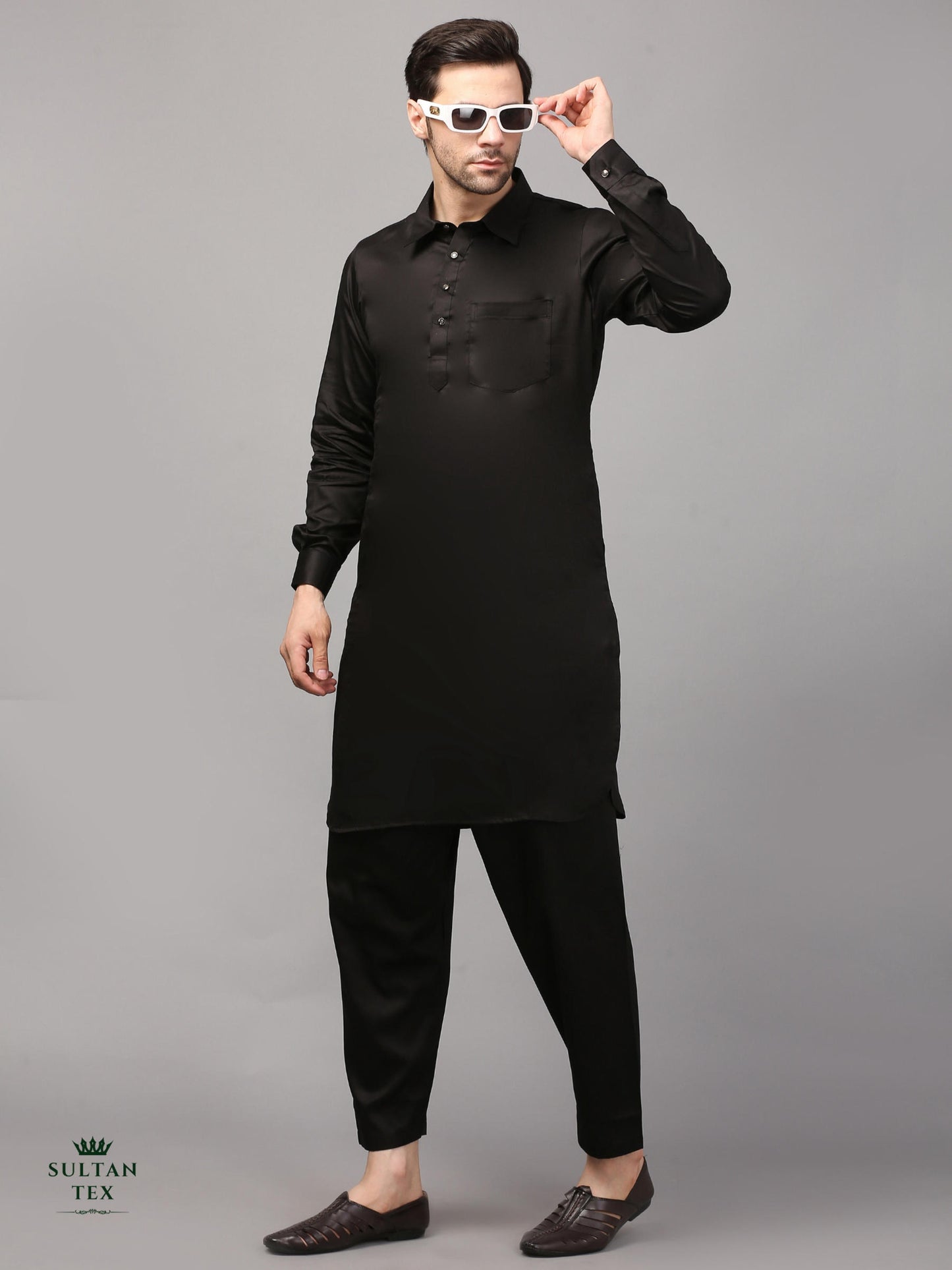Modern Pathani Kurta Pajama Set - Classic Black - SU-PTH-003