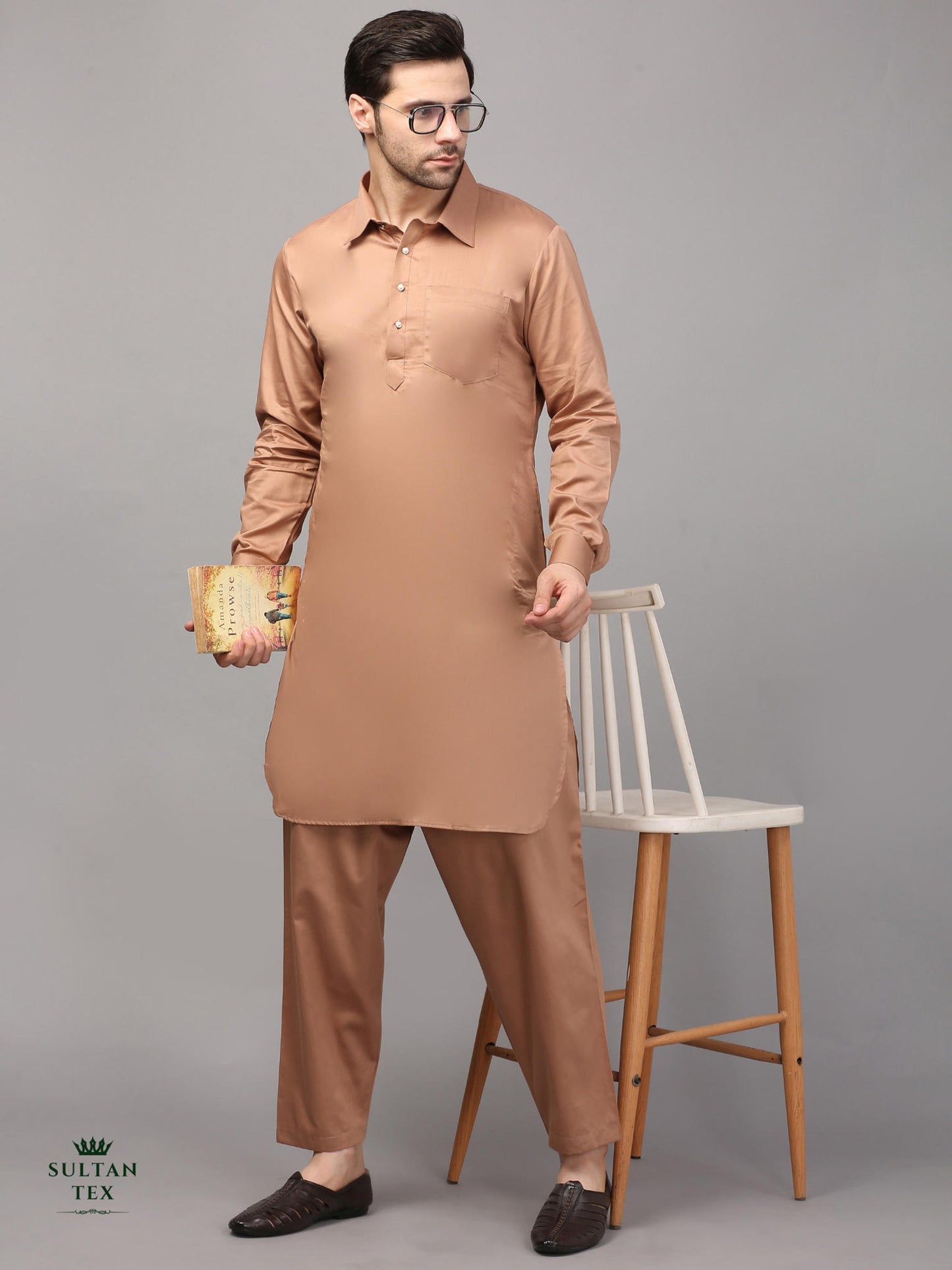 Modern Pathani Kurta Pajama Set - Caramel Brown - SU-PTH-002