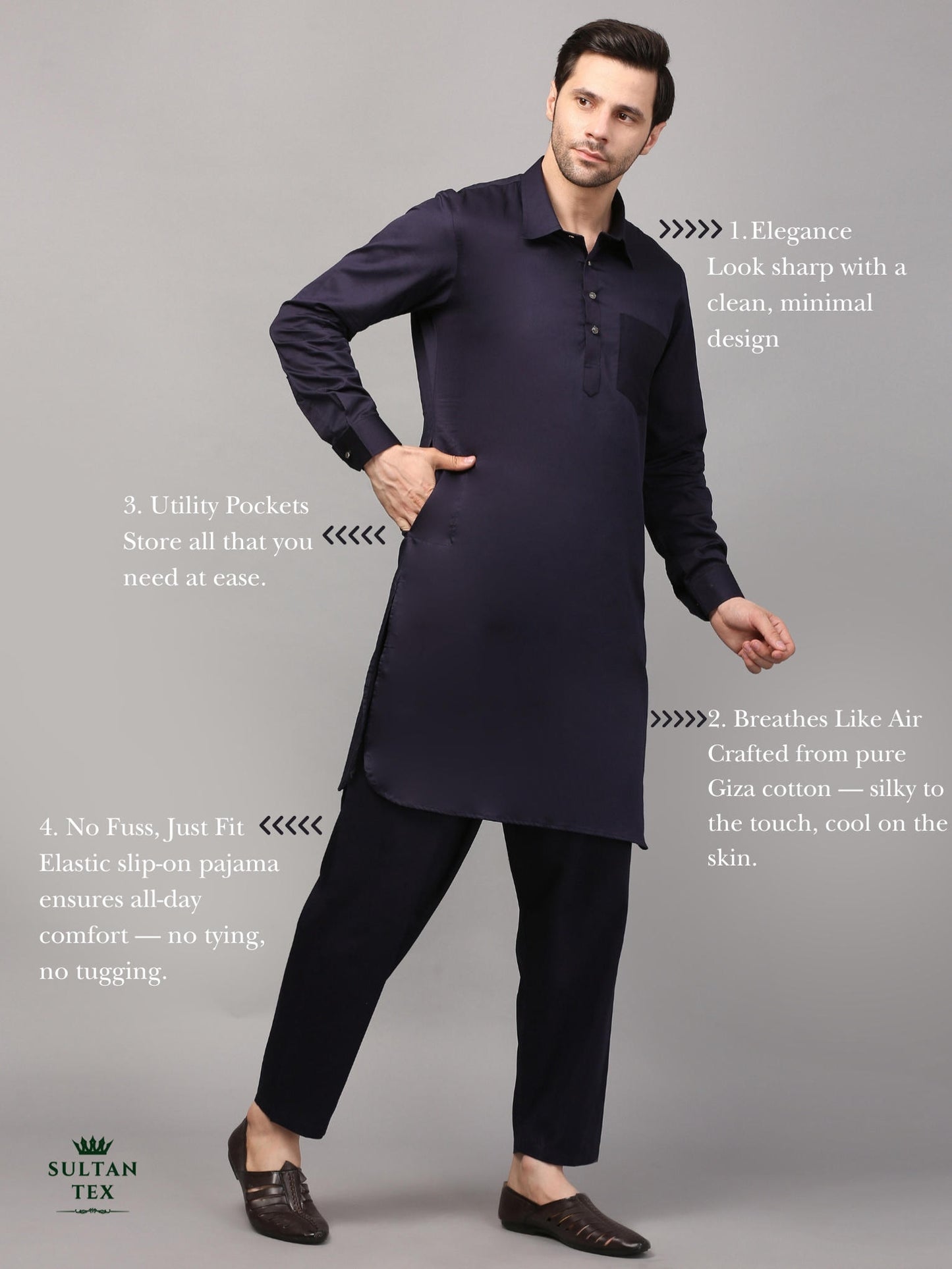 Modern Pathani Kurta Pajama Set - Dark Navy - SU-PTH-001