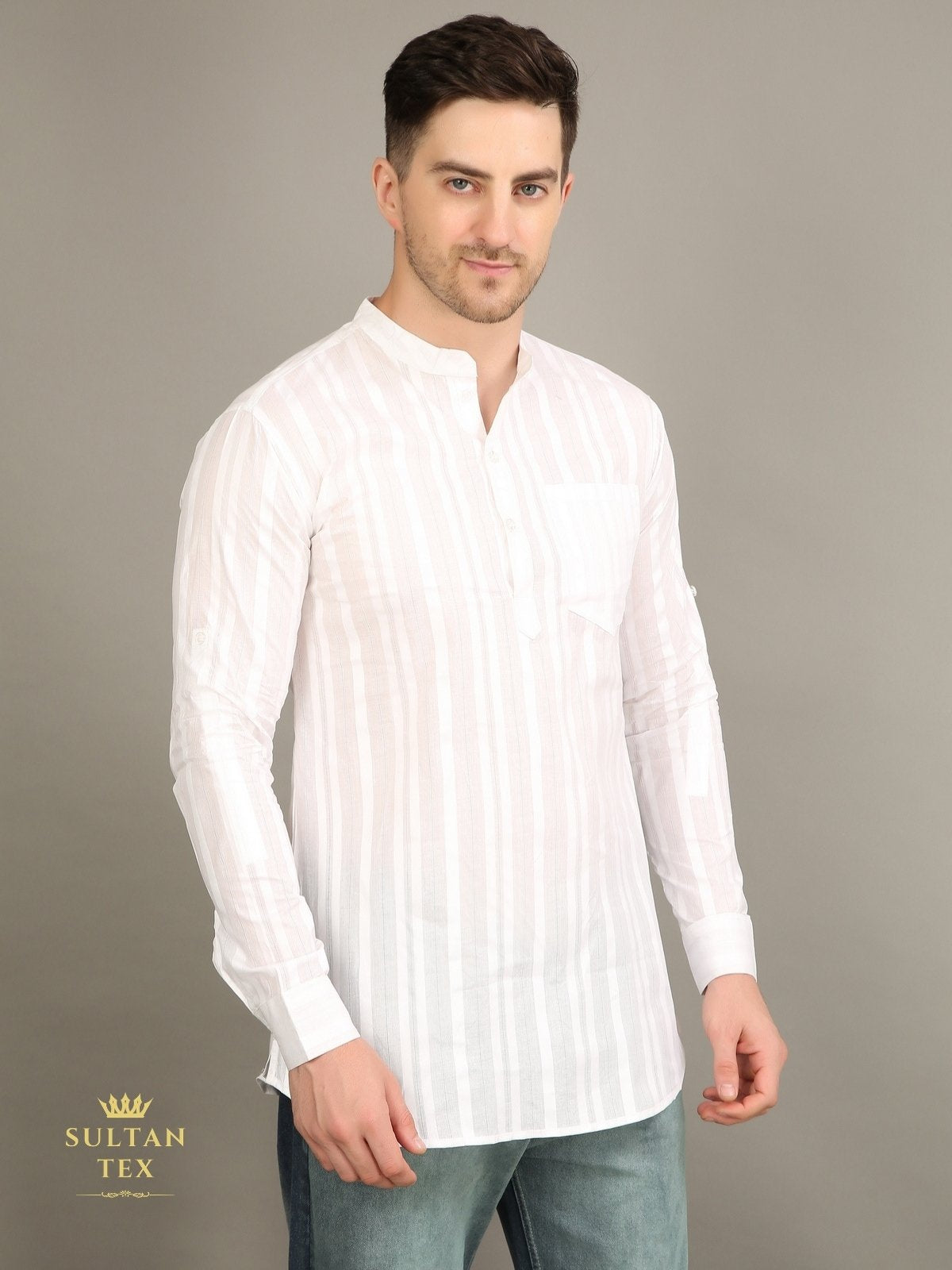 Men's Short Kurta - White Stripe  - SU-SK-007