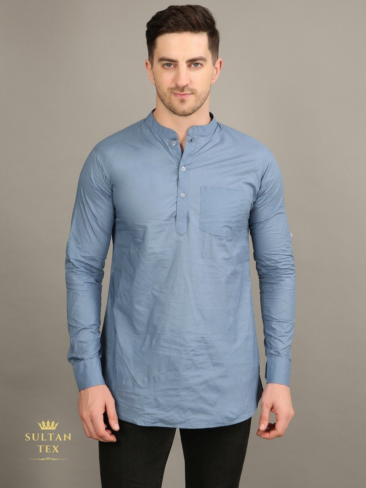 Men's Short Kurta - Steel Blue - SU-SK-010