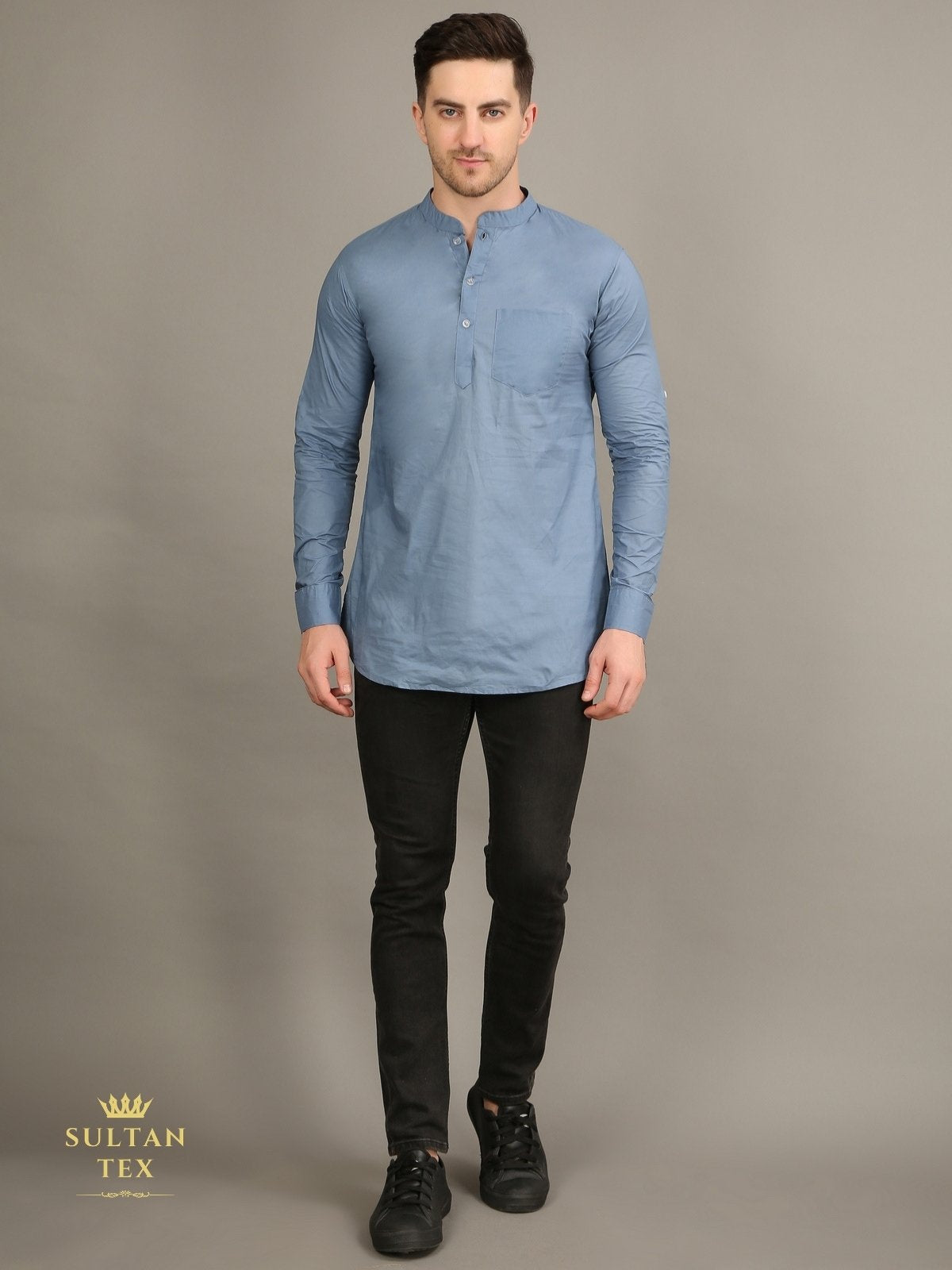 Men's Short Kurta - Steel Blue - SU-SK-010