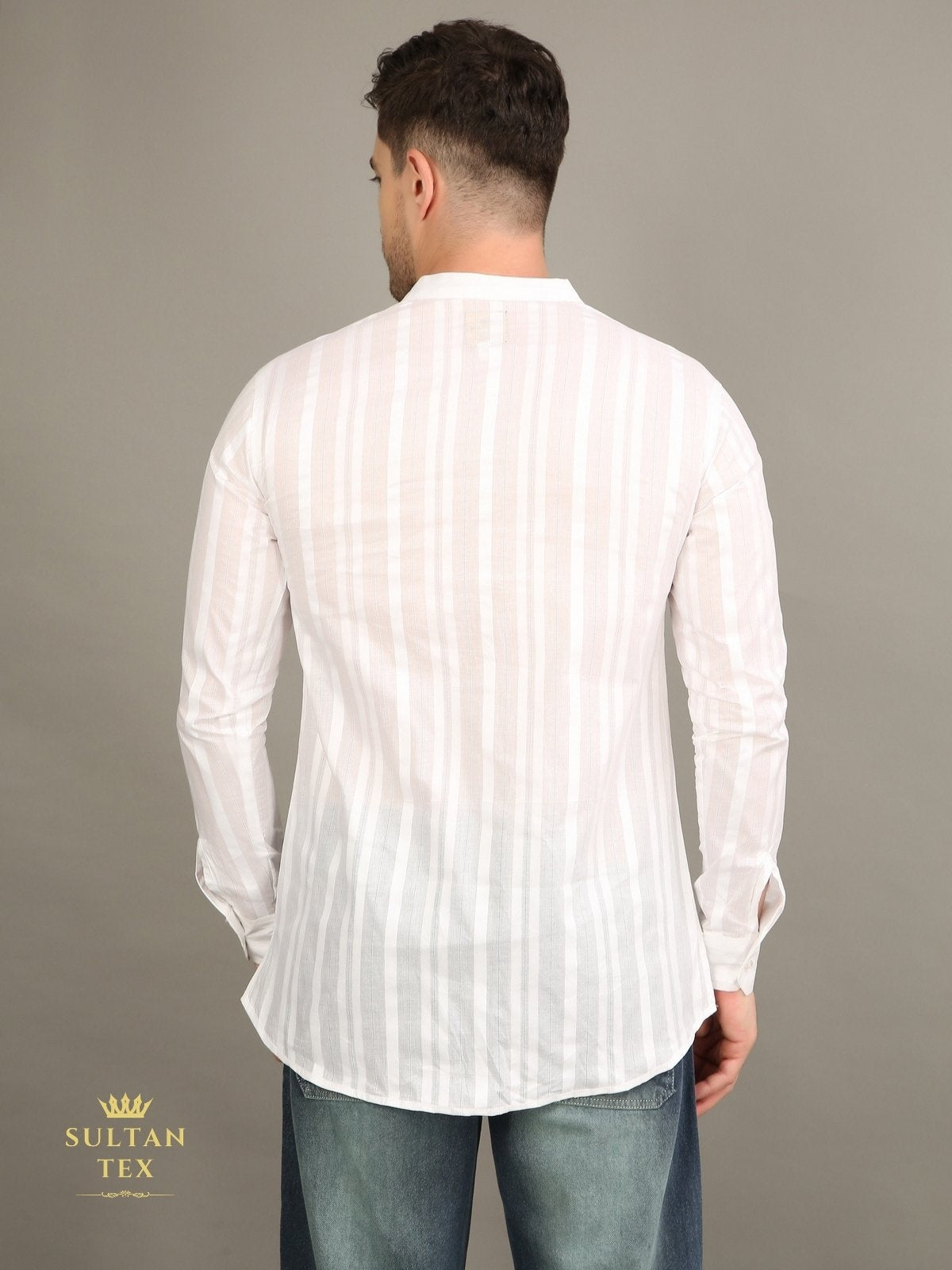 Men's Short Kurta - White Stripe  - SU-SK-007