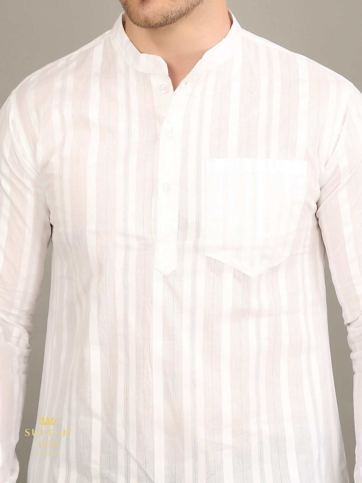 Men's Short Kurta - White Stripe  - SU-SK-007