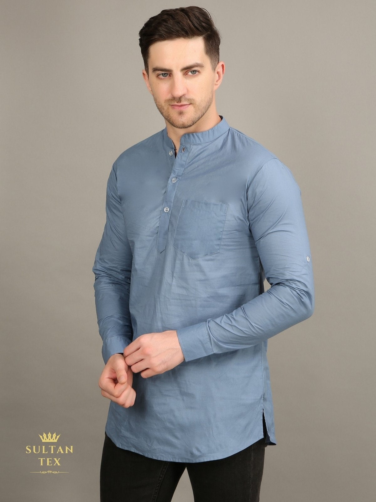 Men's Short Kurta - Steel Blue - SU-SK-010