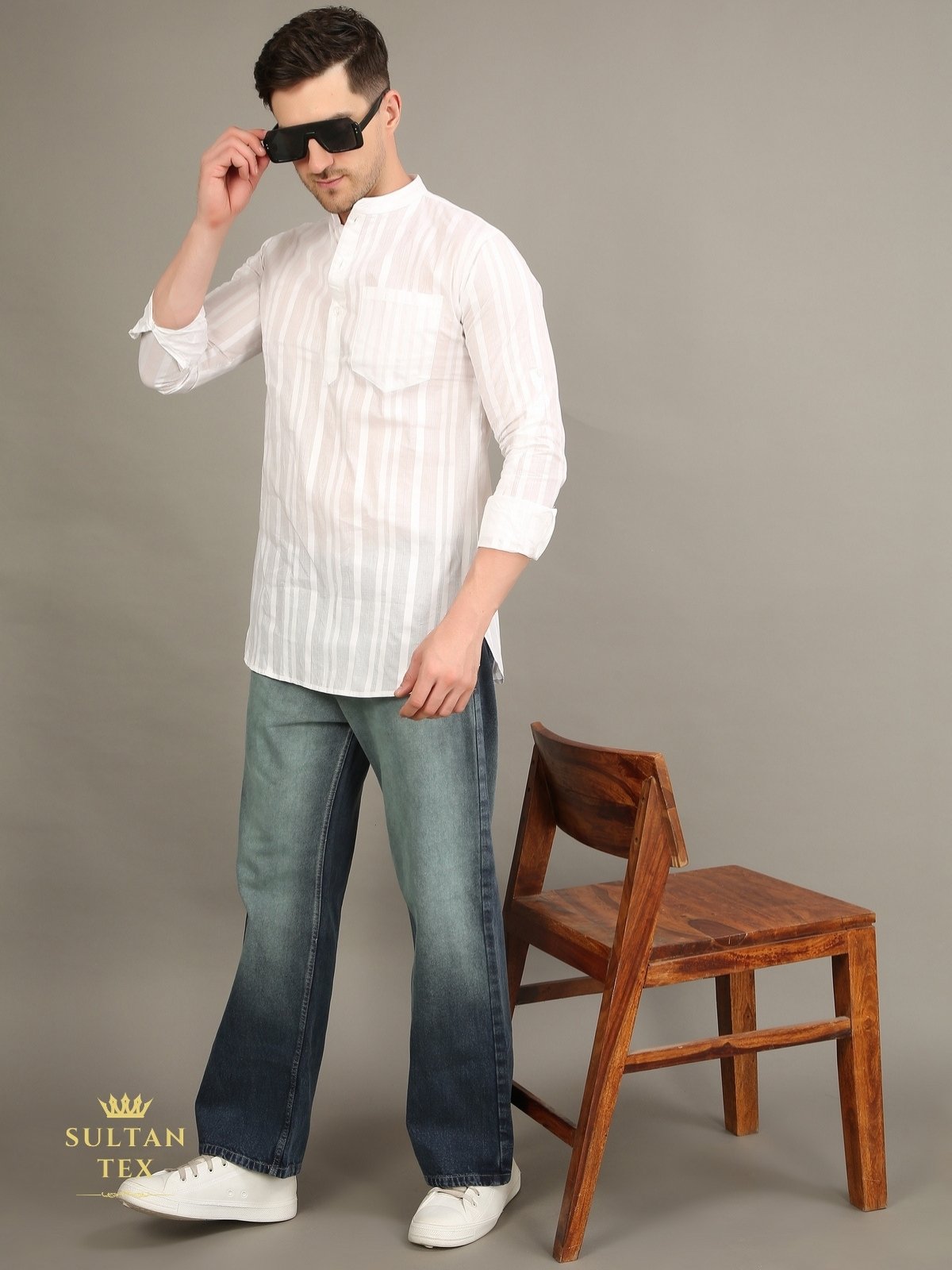 Men's Short Kurta - White Stripe  - SU-SK-007