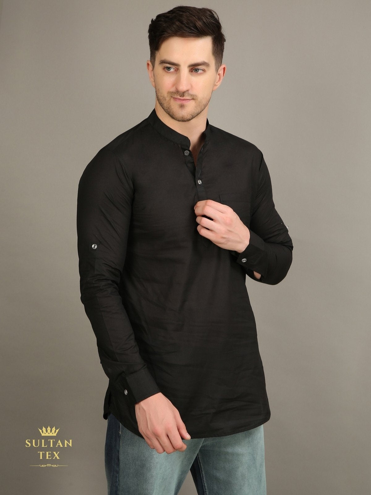 Men's Short Kurta - Black - SU-SK-006