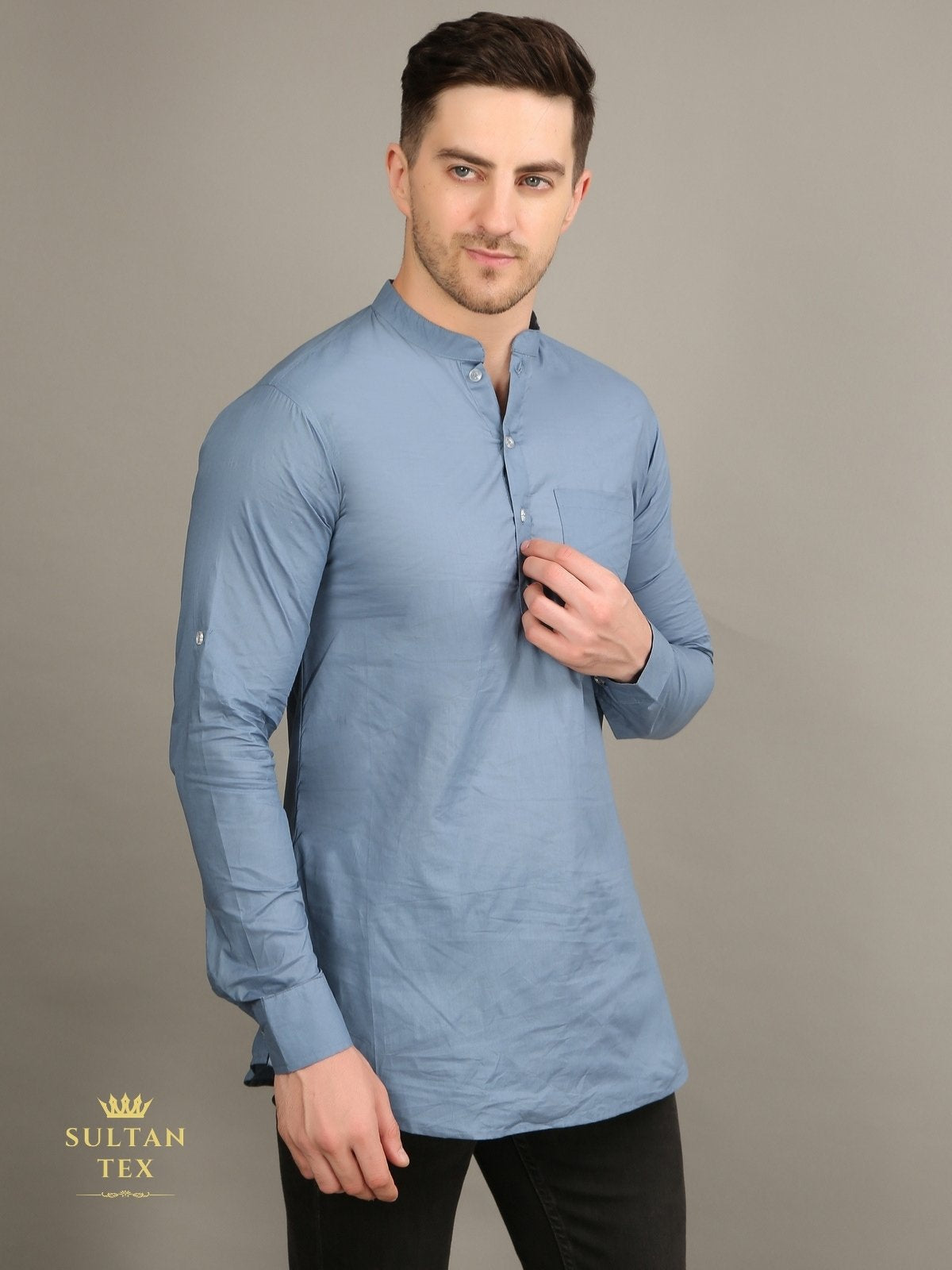 Men's Short Kurta - Steel Blue - SU-SK-010