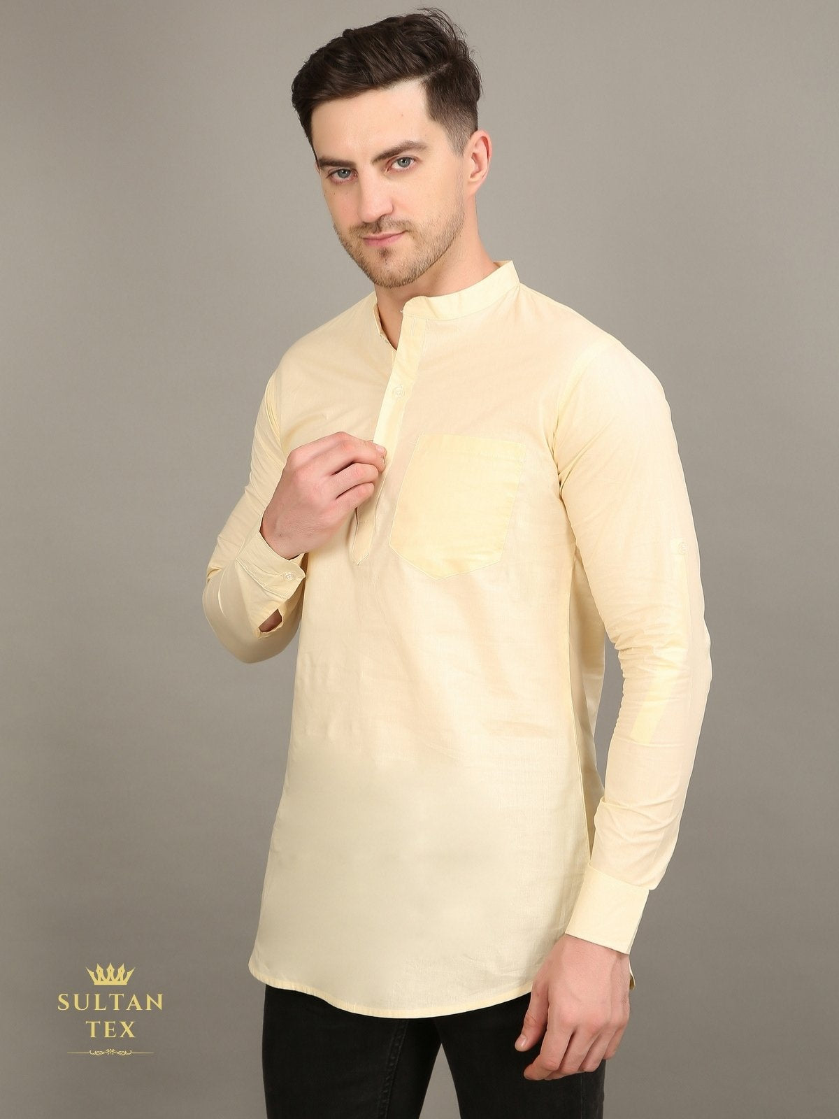 Men's Short Kurta - Yellow - SU-SK-009