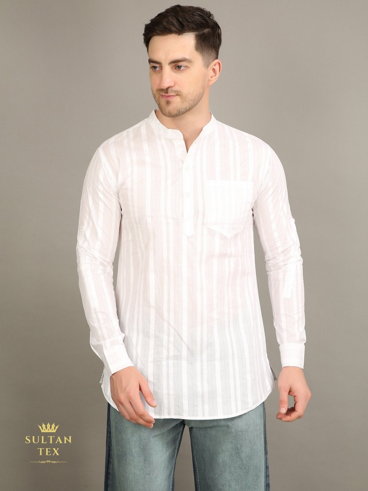 Men's Short Kurta - White Stripe  - SU-SK-007