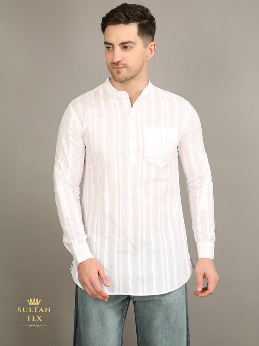 Men's Short Kurta - White Stripe  - SU-SK-007