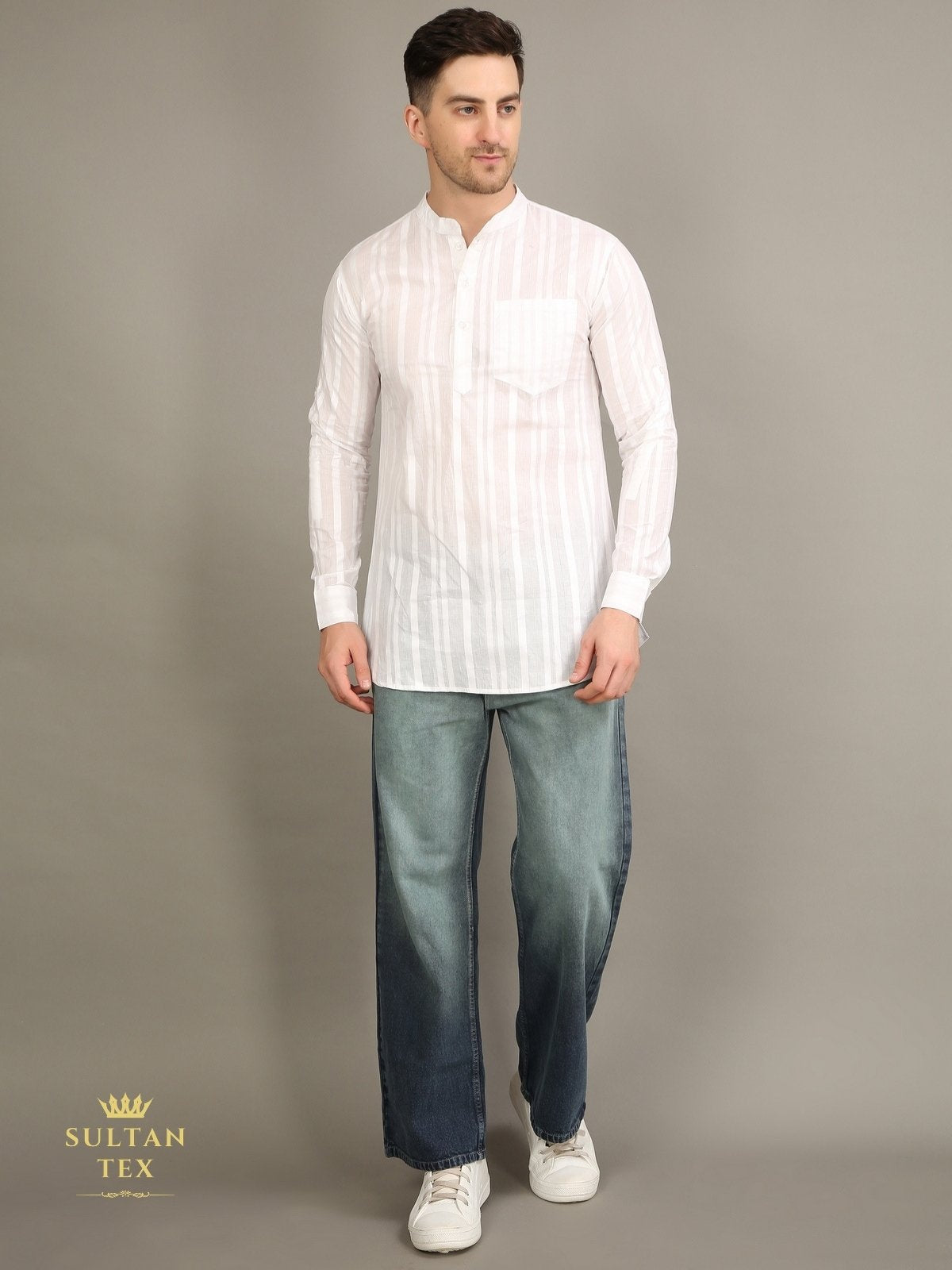 Men's Short Kurta - White Stripe  - SU-SK-007