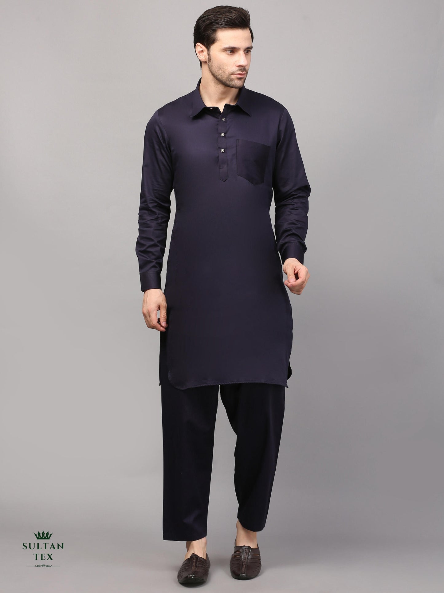 Modern Pathani Kurta Pajama Set - Dark Navy - SU-PTH-001