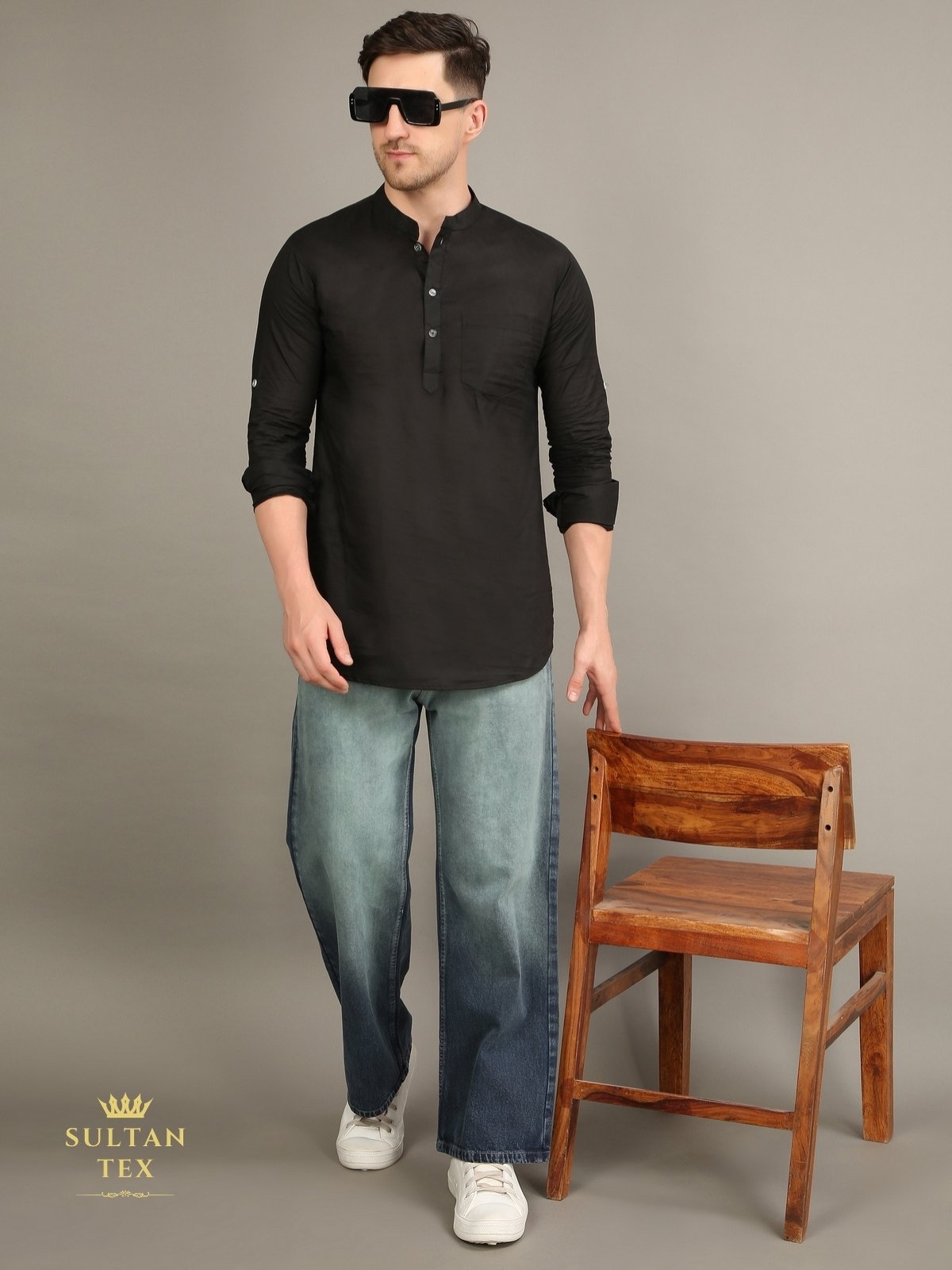 Men's Short Kurta - Black - SU-SK-006