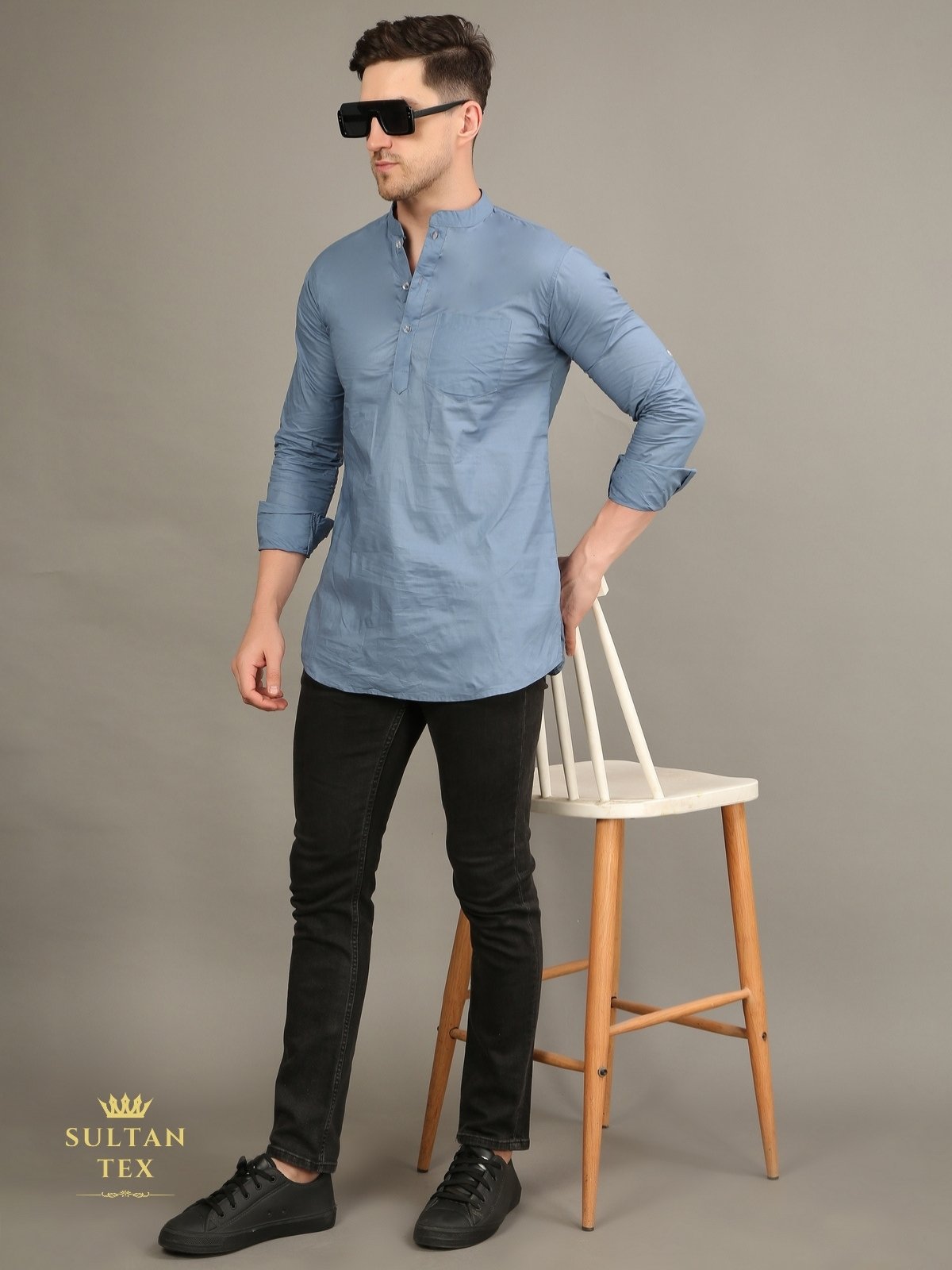 Men's Short Kurta - Steel Blue - SU-SK-010