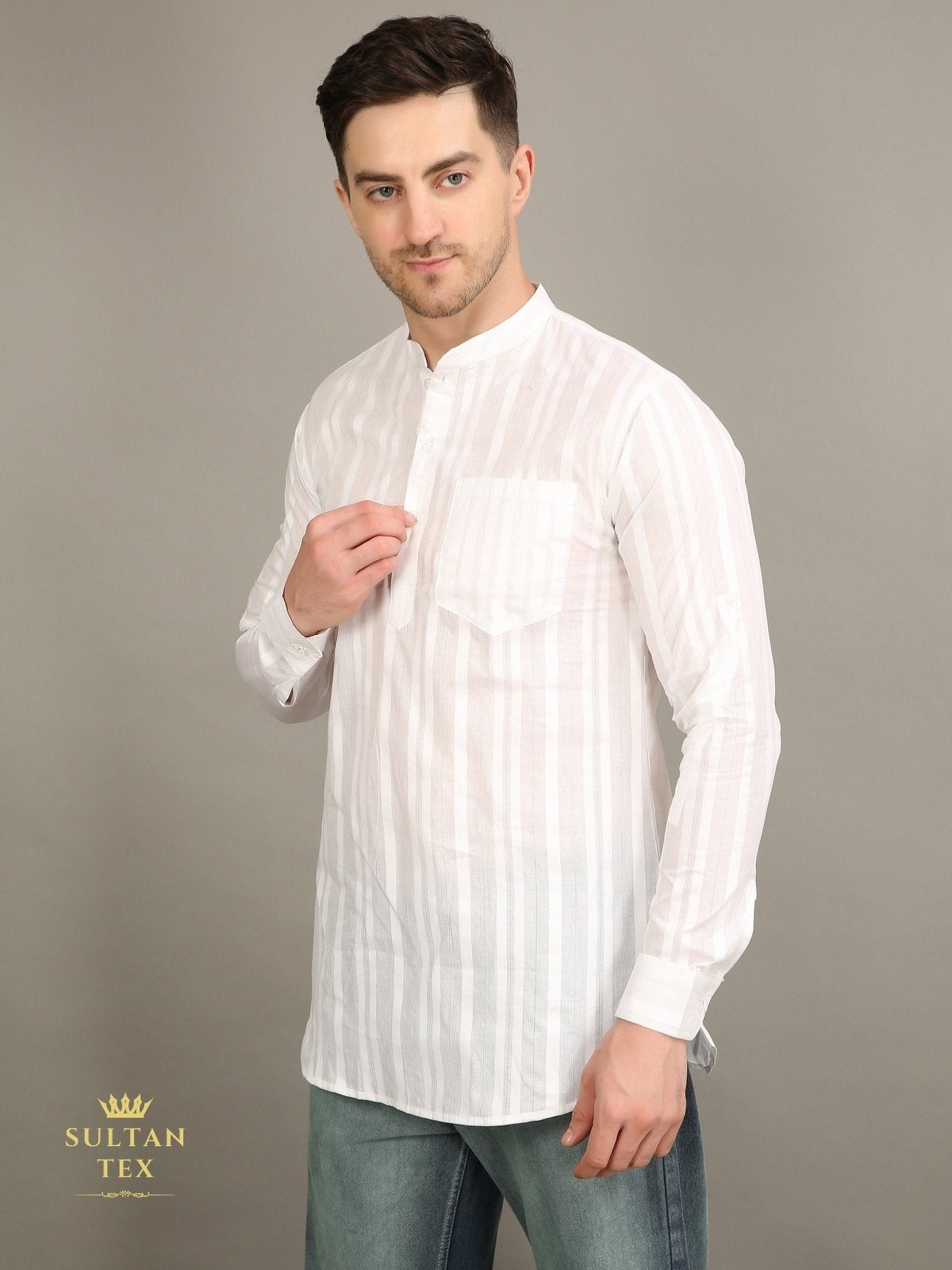 Men's Short Kurta - White Stripe  - SU-SK-007